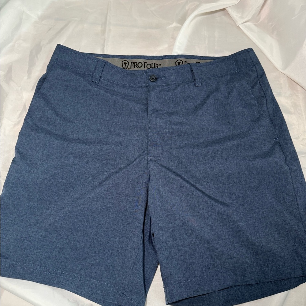 PGA Tour Men's 4-Way Stretch Elastic Band Golf Shorts Deep Navy Heather Blue 34